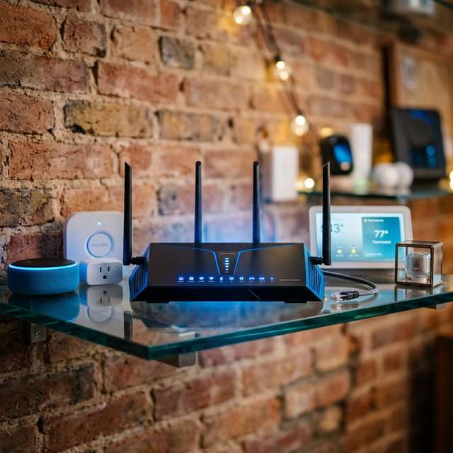 High-speed fiber internet router glowing with blue LED lights on a glass shelf, surrounded by smart home devices, exposed brick wall background, bokeh effect, professional product photography, no people